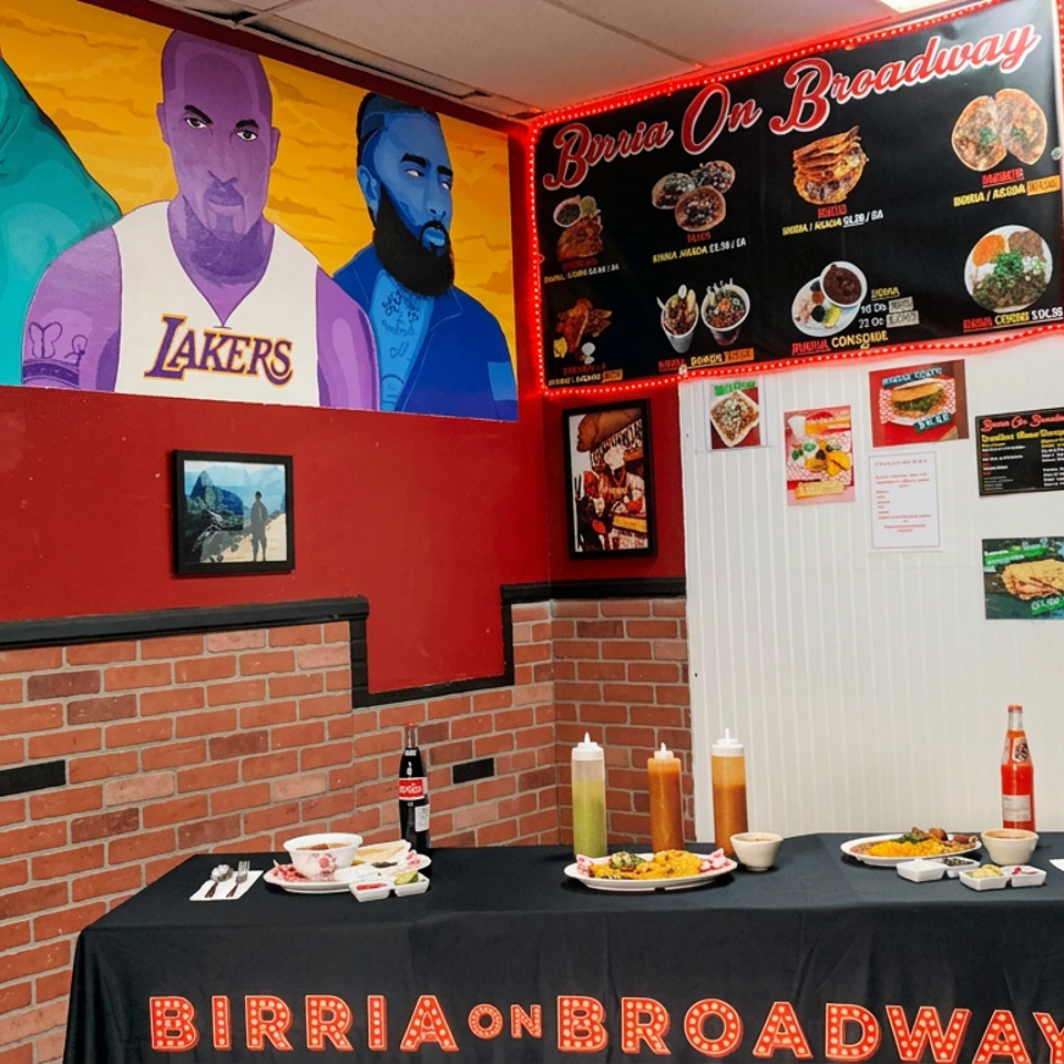 Restaurant interior features a mural, illuminated menu board, and table displaying plated food and sauces.