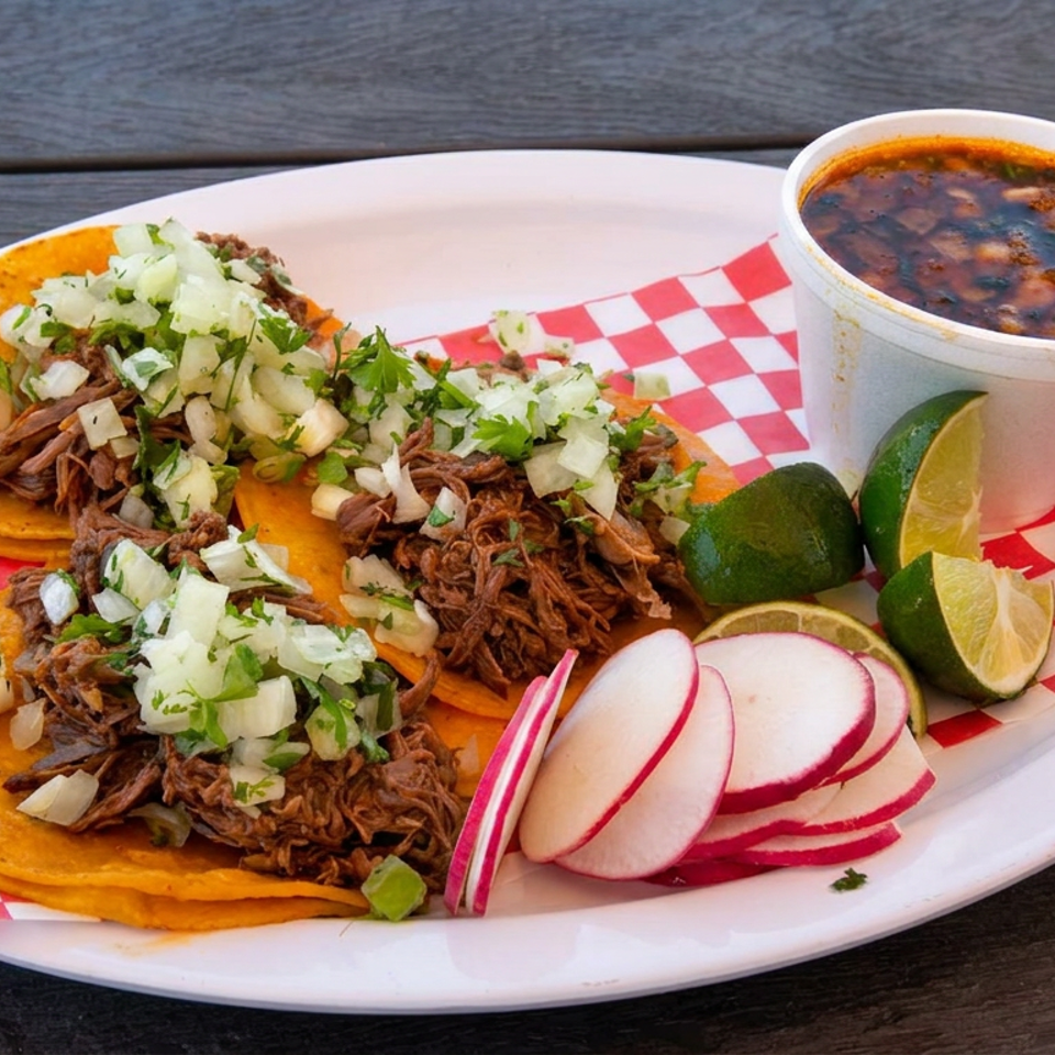 Plate of shredded beef tacos topped with onions and cilantro, served with black beans, lime wedges, and sliced radishes.