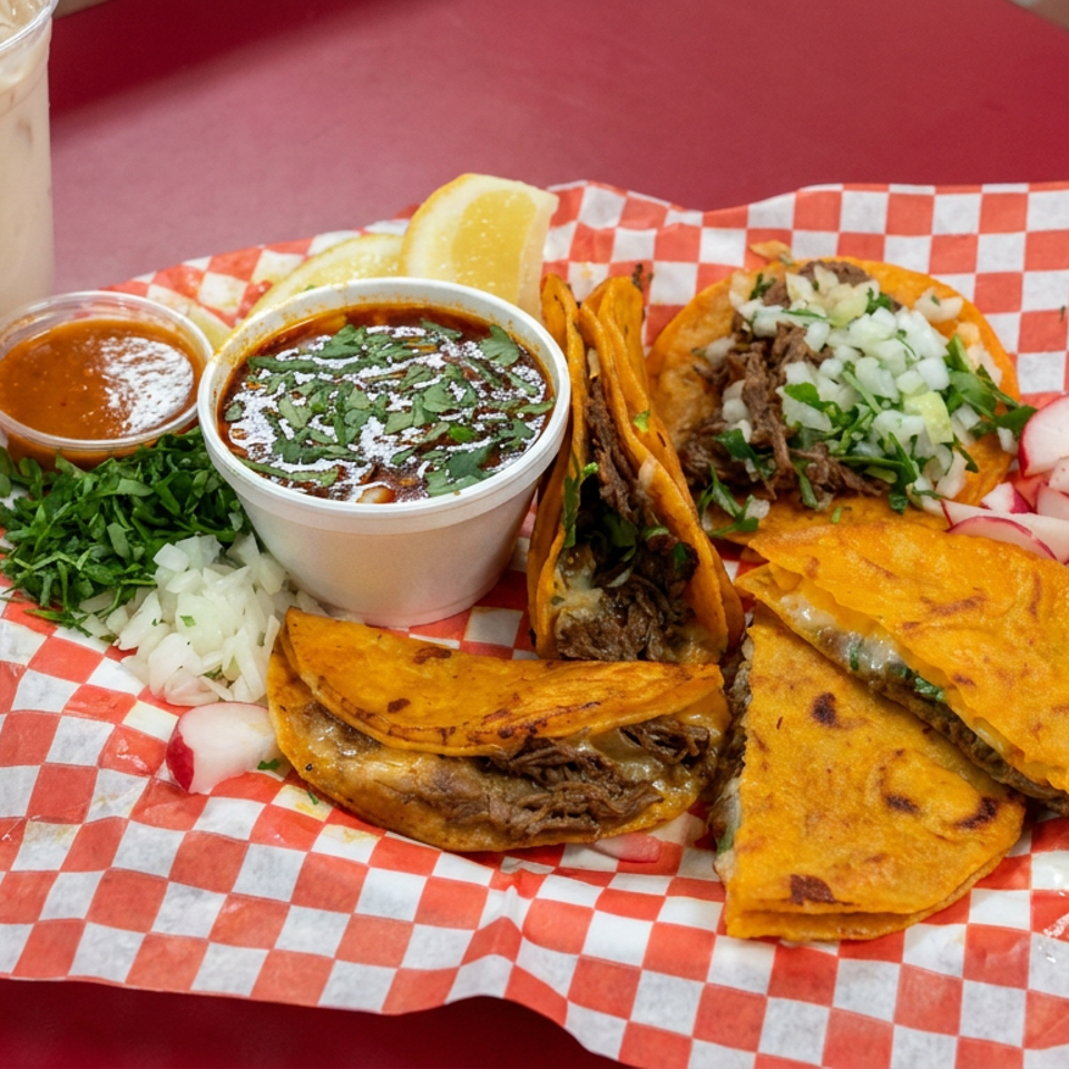 Birria tacos with melted cheese, consommé, cilantro, onions, radishes, lime, and a creamy drink on a checkered tray.