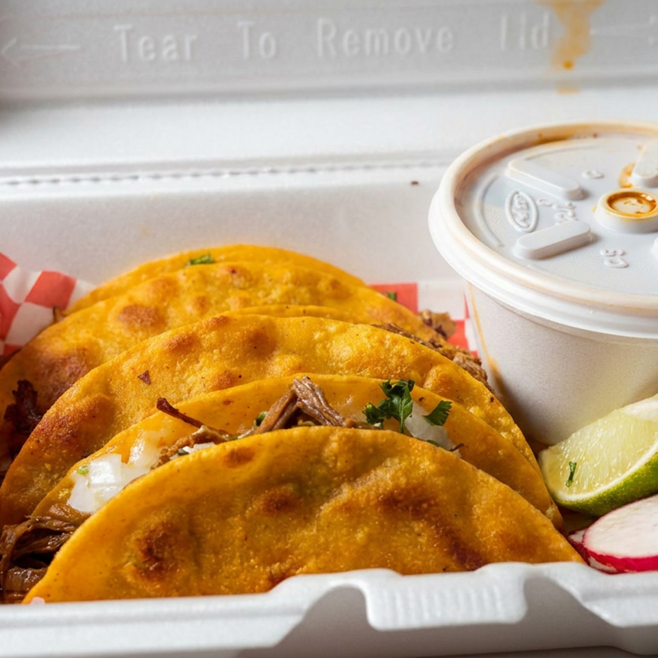 Three crispy beef tacos with onions and cilantro, lime wedges, radishes, and a lidded sauce cup in a takeout container.