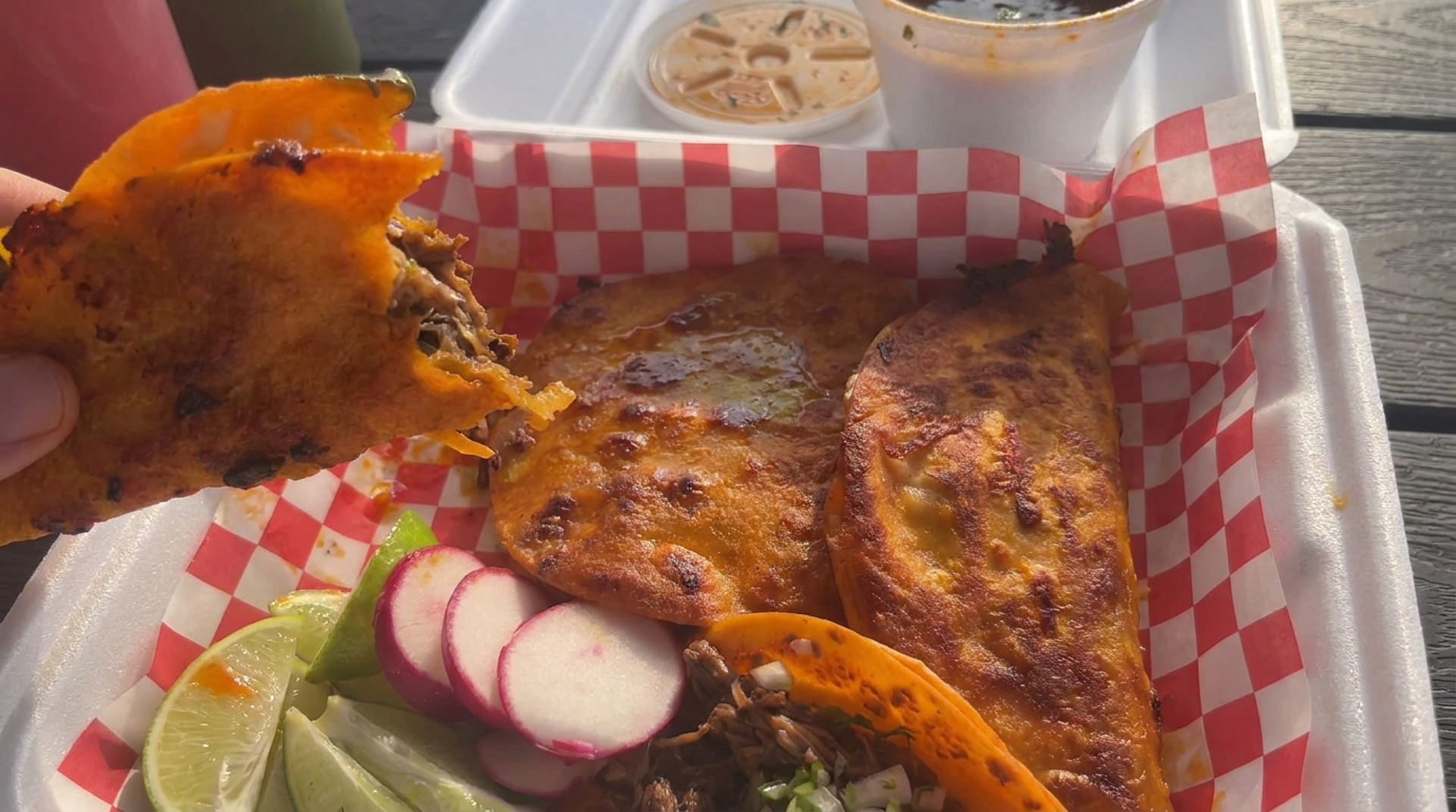 Birria tacos and consommé