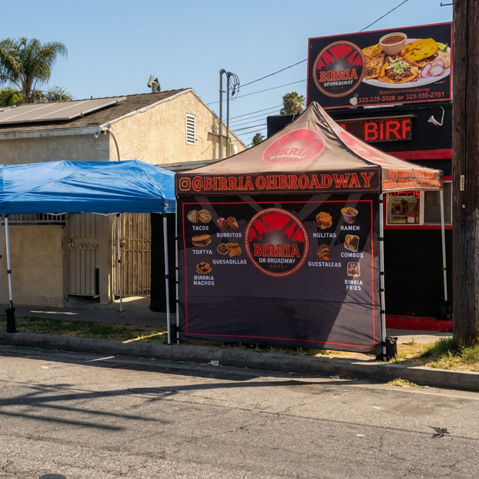 Birria Oh Broadway restaurant exterior with colorful food signs, a blue canopy, outdoor menu boards, and palm trees.