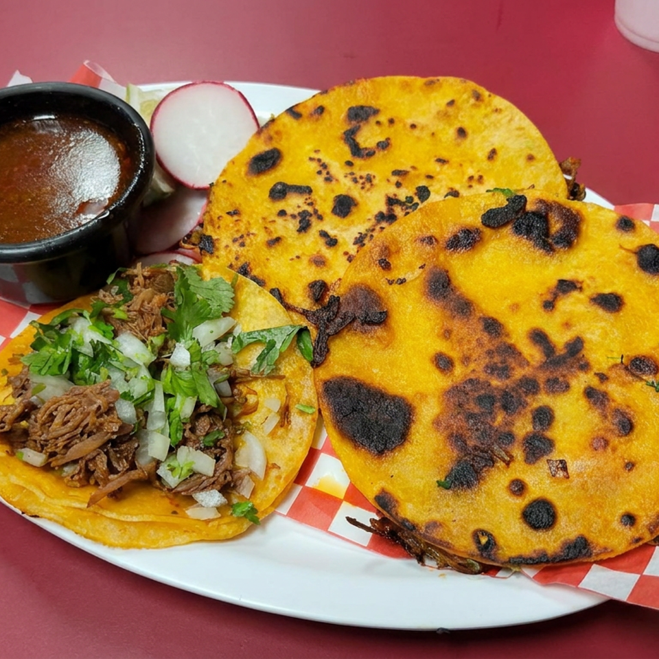 Plate of golden, charred corn tortillas filled with shredded meat, cilantro, and onions, served with dipping sauce and radishes.
