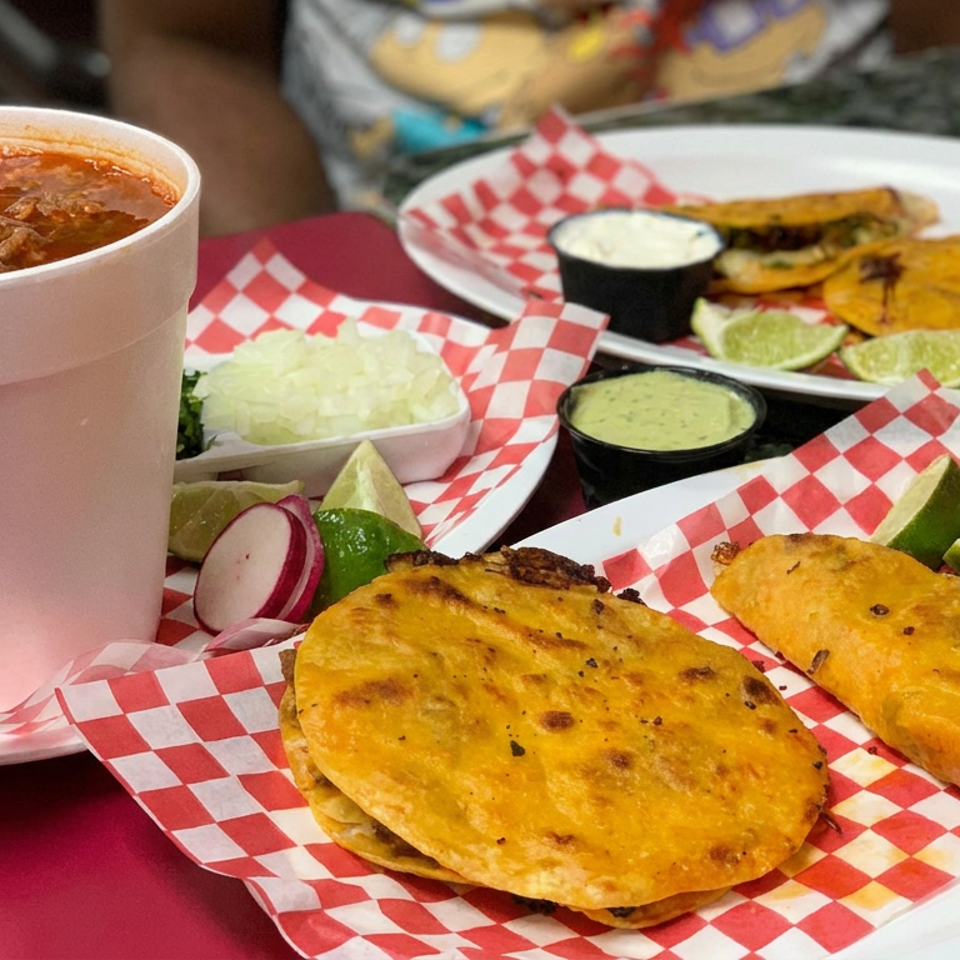 Mexican meal featuring golden birria tacos, consommé, lime wedges, radishes, rice, and dipping sauces on checkered-lined plates.