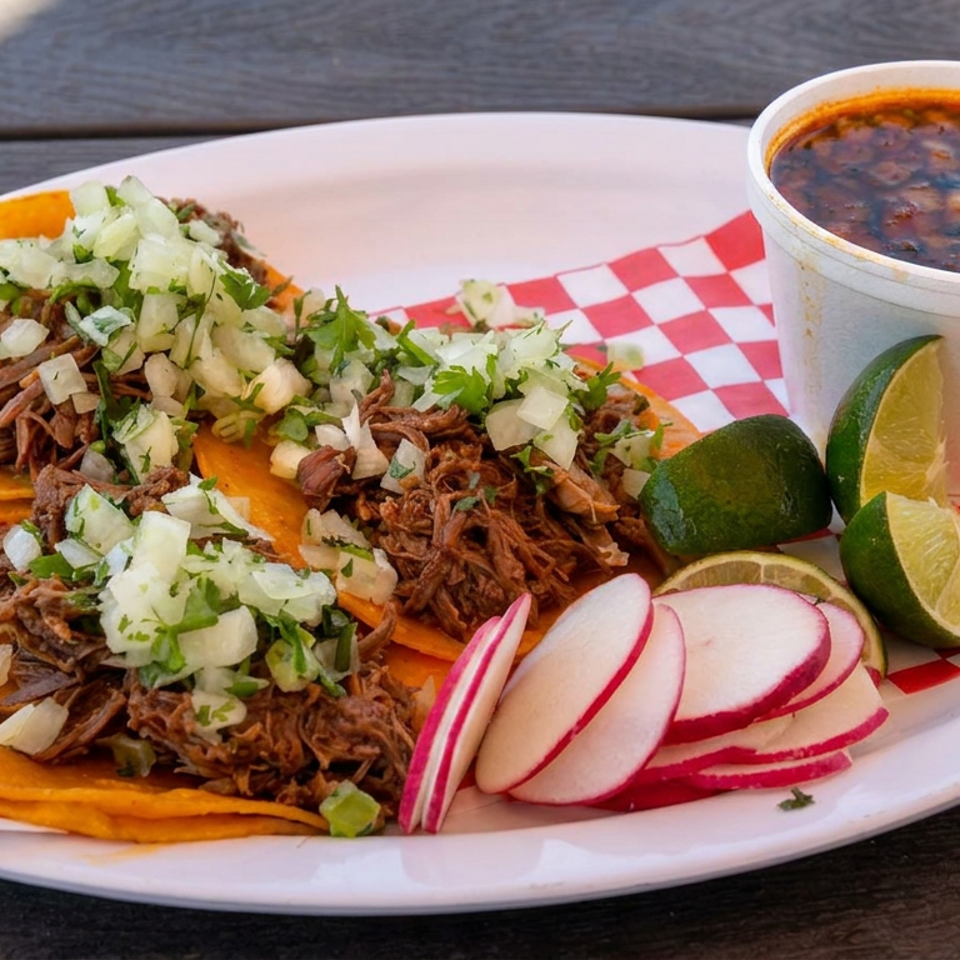 Plate of shredded beef tacos topped with onion and cilantro, served with radishes, lime wedges, and a cup of beans.